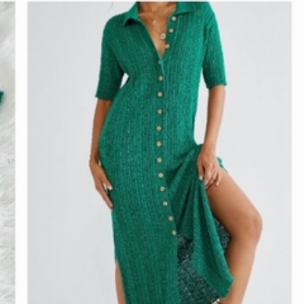 Free People Green Button-Front Midi Maxi Dress Beach Coverup Rib Knit size M